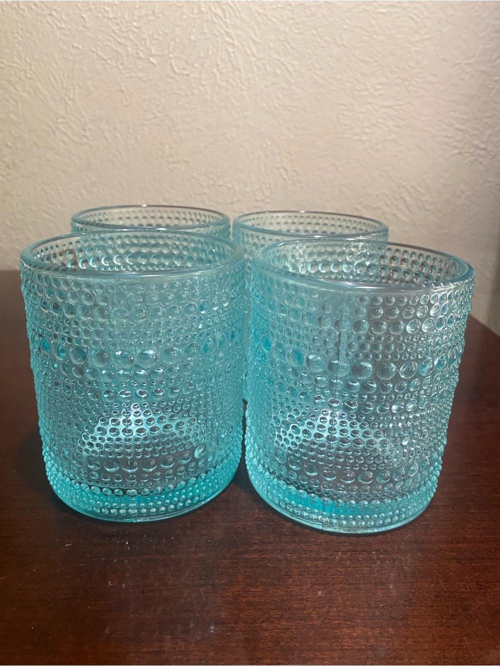 Set of 4, Aqua Blue Darware Hobnail Drinking Glasses. 12 oz